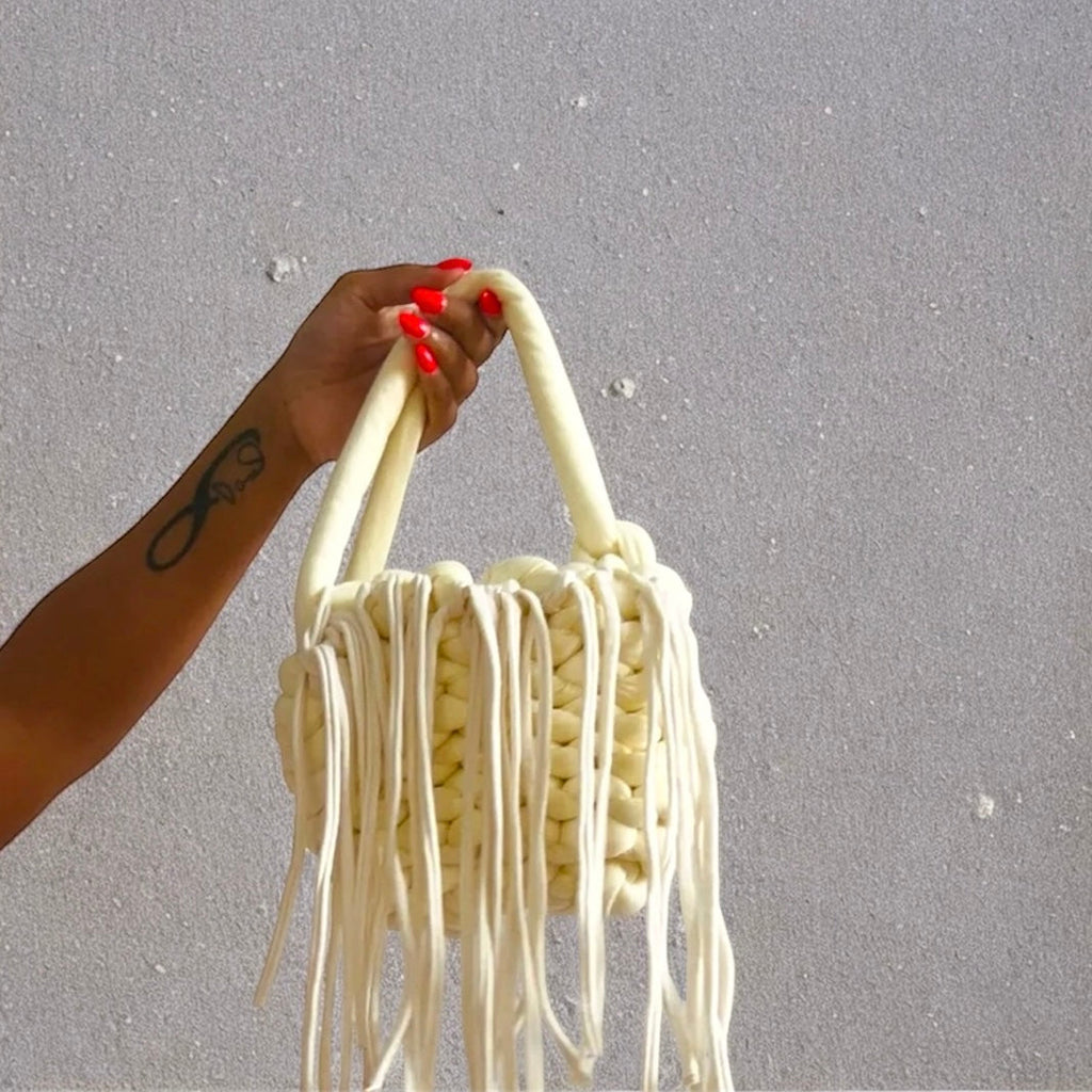 Mellie Off White Chunky Knit Fringe Bag