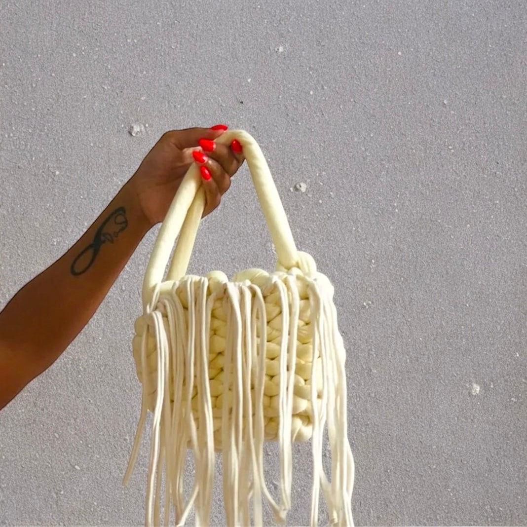 Mellie Off White Chunky Knit Fringe Bag